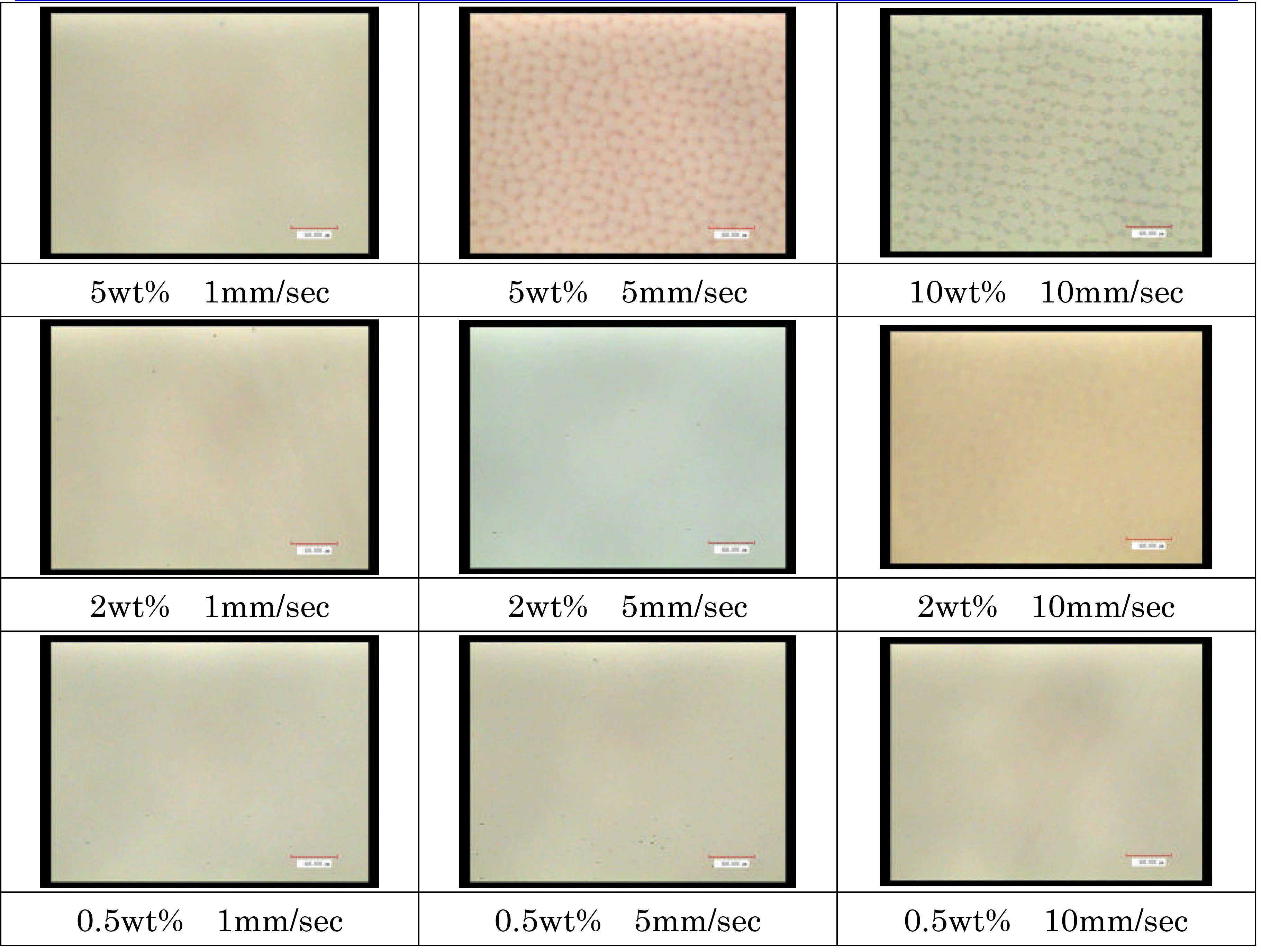 Fig.1  Surface condition due to differences in coating agent concentration and withdrawal speed