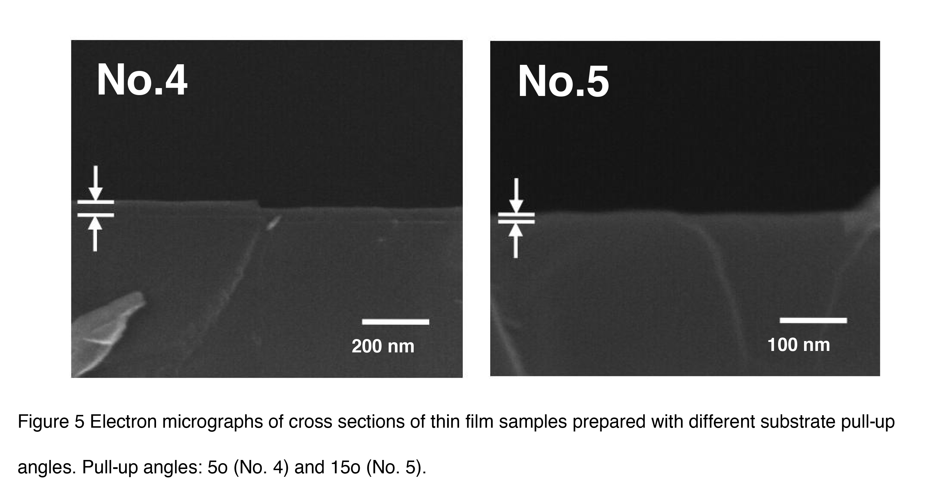 Figure 5 Electron micrographs of cross sections of thin film samples prepared with different substrate pull-up