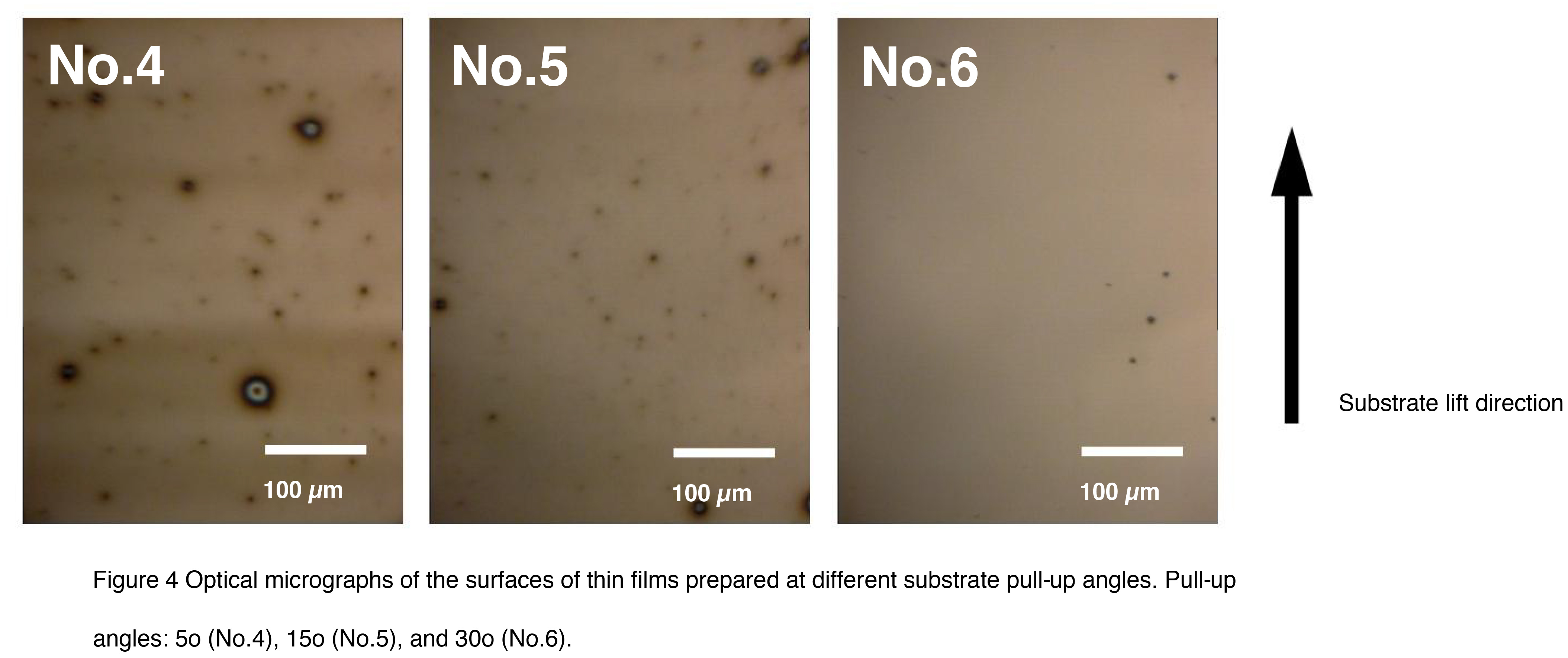 Figure 4 Optical micrographs of the surfaces of thin films prepared at different substrate pull-up angles. Pull-up