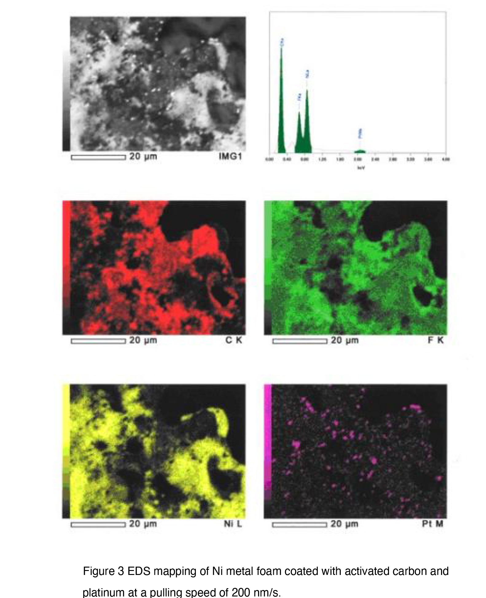 Figure 3 EDS mapping of Ni metal foam coated with activated carbon and
platinum at a pulling speed of 200 nm/s.
