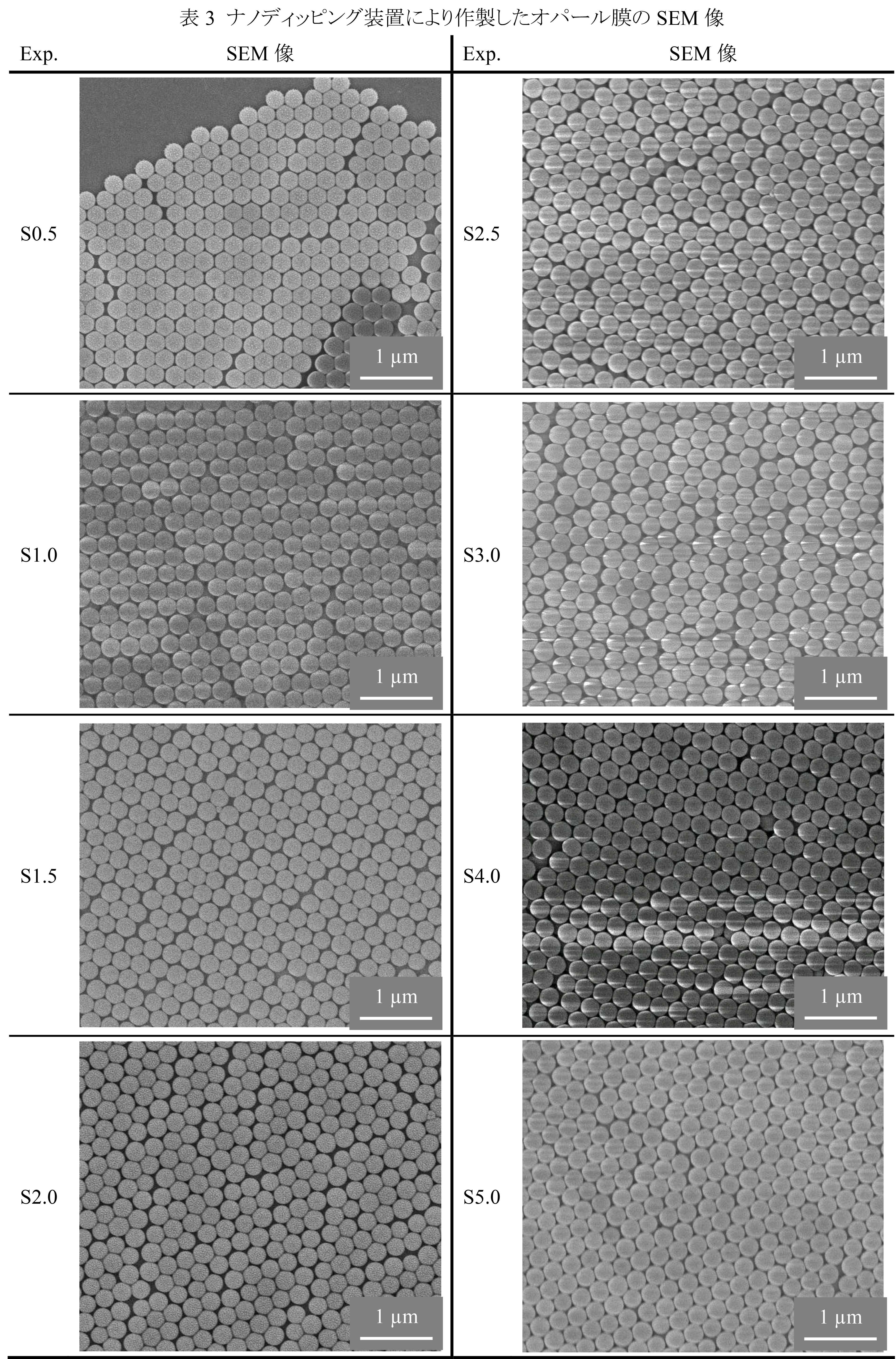表 3 ナノディッピング装置により作製したオパール膜の SEM 像