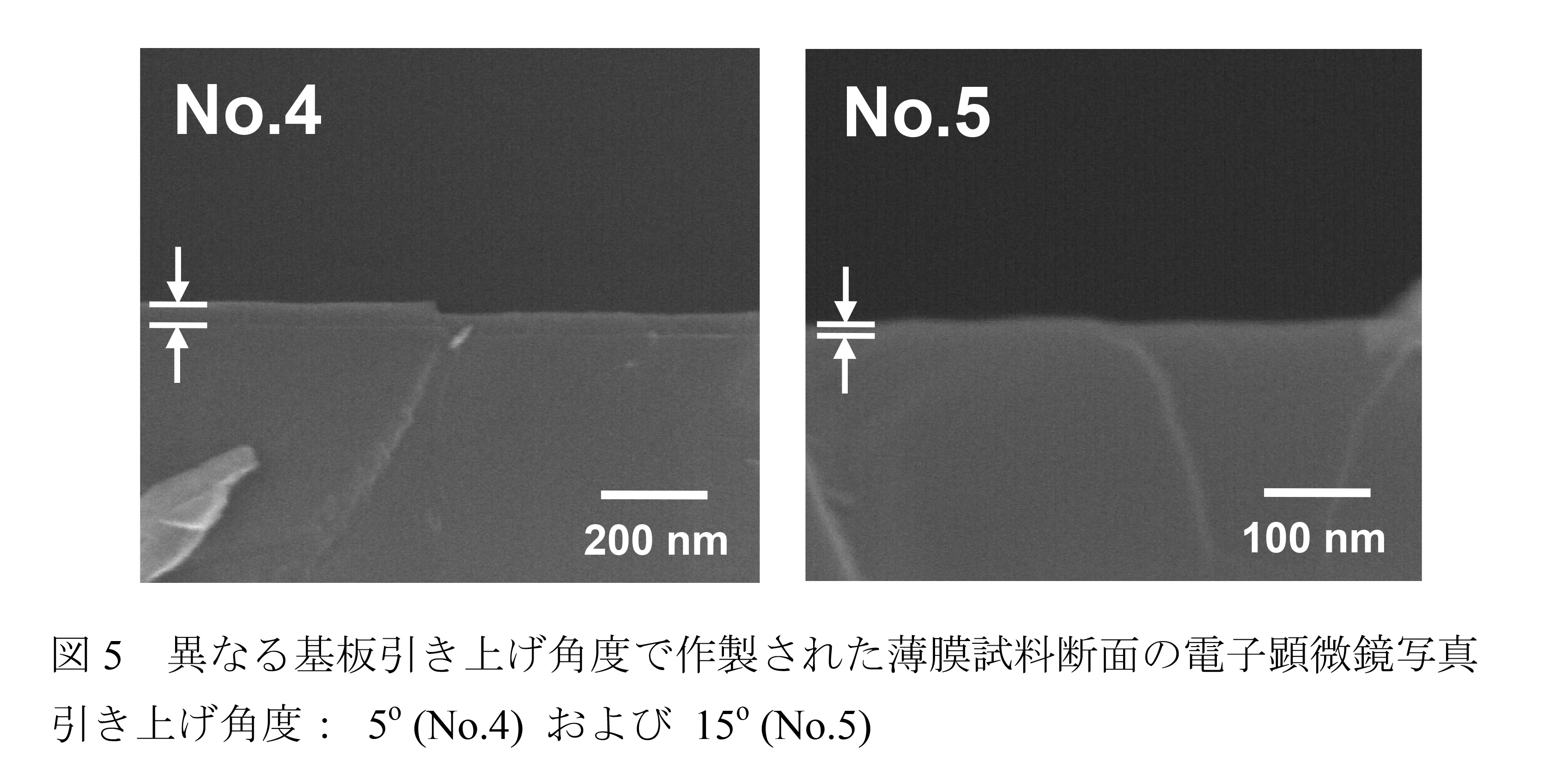 図 5 異なる基板引き上げ角度で作製された薄膜試料断面の電子顕微鏡写真